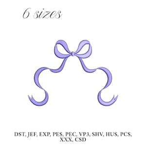 May include: A light purple bow with flowing ribbons, set against a white background. The text "6 sizes" is above the bow. Below the bow are file format abbreviations: DST, JEF, EXP, PES, PEC, VP3, SHV, HUS, PCS, XXX, CSD.