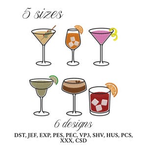 May include: Six cocktail designs in various styles, including a martini, a margarita, and an old fashioned. Each drink is garnished with fruit or olives. The text "5 sizes" and "6 designs" are displayed.