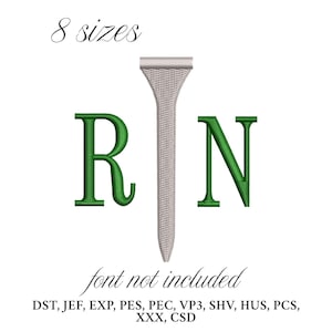 May include: An embroidered design featuring the letters "R" and "N" in green, flanking a vertical, textured, light gray shape. The text "8 sizes" and "font not included" are above and below the design, respectively. Below the text are file format abbreviations.