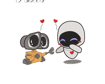 Diseño de bordado de amor para San Valentín, archivo de bordado para máquina de Wall-E y Eva, patrones de bordado digital de corazones