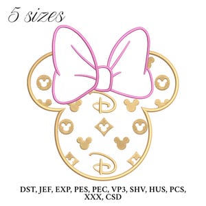 Può includere: Un contorno dorato della testa di Minnie Mouse con un fiocco rosa. La testa è riempita con icone di Topolino e diamanti dorati. Il testo "5 sizes" è sopra il disegno. Sotto, abbreviazioni dei tipi di file.