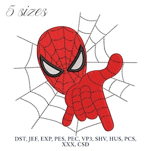 May include: A red Spider-Man design with a web pattern and outstretched hand. The image includes the text "5 sizes" at the top and various file format abbreviations at the bottom, such as DST, JEF, and EXP.