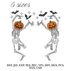 Spooky Dancing Skeletons  Embroidery Design, Skeletons Embroidery Machine File, Halloween Pumpkin Face Skeleton  Digital Embroidery Patterns