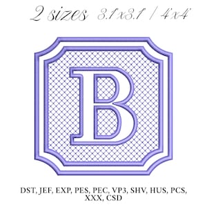 May include: A lavender embroidered design featuring the letter "B" within a decorative frame. The design includes the text "2 sizes 3.1x3.1" / 4x4". The design is suitable for embroidery projects.