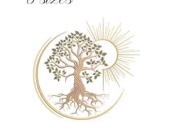 May include: An embroidered design featuring a tree with roots, leaves, and a sunburst, enclosed within a golden crescent. The text "6 sizes" is above the design. Below the design are embroidery file formats.