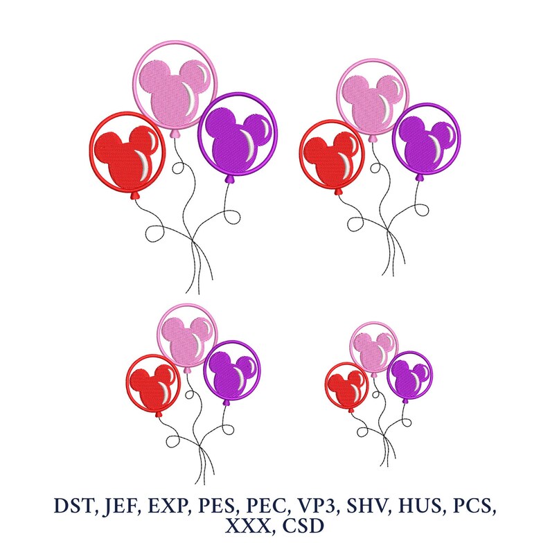 May include: A digital embroidery design showing three balloons in red, pink, and purple, each with a Mickey Mouse head silhouette. The design is repeated multiple times. The image includes the text: DST, JEF, EXP, PES, PEC, VP3, SHV, HUS, PCS, XXX, CSD.
