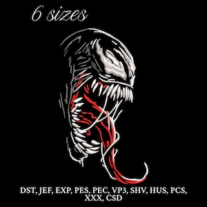 May include: A black digital embroidery design featuring a stylized Venom character. The design includes white teeth, a red tongue, and the text "6 sizes". The design is on a black background.