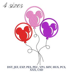 May include: Three embroidered balloons in red, pink, and purple, each with a Mickey Mouse head design. The balloons are connected by black strings. The text "4 sizes" is at the top. Embroidery file formats are listed below.
