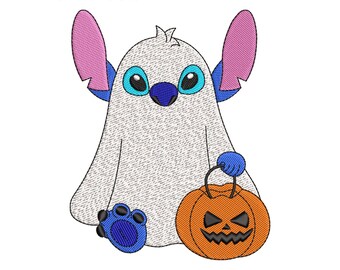 Stitch Ghost Embroidery Design, Cute Ghosts With Pumpkin Embroidery Machine File, Halloween Digital Embroidery Patterns