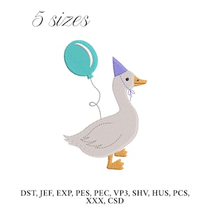 May include: An embroidered design of a goose wearing a party hat and holding a teal balloon. The text "5 sizes" is above the goose. Below the goose are embroidery file formats.