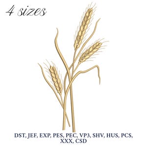 Op de afbeelding: Een digitaal borduurpatroon van drie tarwehalmen in goudkleur. Het ontwerp is verkrijgbaar in vier maten en in de volgende formaten: DST, JEF, EXP, PES, PEC, VP3, SHV, HUS, PCS, XXX, CSD.