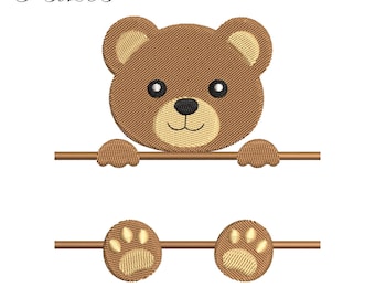 May include: An embroidered design featuring a brown teddy bear head with tan inner ears and a black nose and eyes. The bear is holding onto a brown bar. Below are two brown paw prints. The text "5 sizes" is at the top.