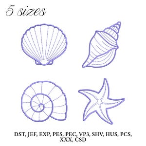 May include: Image showing four embroidered designs of a seashell, a spiral shell, a starfish and a conch shell in light purple. The text "5 sizes" is at the top. Various file formats are listed at the bottom.