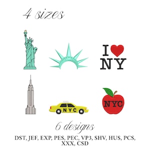 Puede incluir: Diseños bordados con símbolos icónicos de la ciudad de Nueva York: la Estatua de la Libertad, una corona, el logo "I Love NY", el Empire State Building, un taxi amarillo y una manzana roja con texto "NYC". Incluye el texto "4 tamaños" y "6 diseños".
