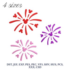 May include: Four embroidery designs of fireworks with Mickey Mouse ears. The designs are in red, pink, and purple.