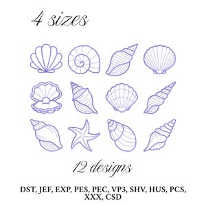 May include: A selection of 12 seashell designs in a pale purple hue, featuring diverse forms such as scallops, spirals, and a starfish. The text "4 sizes" and "12 designs" are positioned above and below the designs.