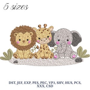 Safari Animal Embroidery Design,  Cute Animal Embroidery Machine File, Giraffe, Elephant, Lion Digital Embroidery Patterns