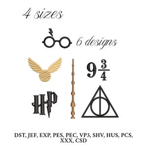 May include: White background with six embroidered designs: glasses with lightning bolt, golden snitch, wand, number 9 3/4, HP logo, and Deathly Hallows symbol. Text reads "4 sizes" and "6 designs".