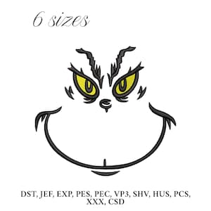 May include: An embroidered design of a character's face in black and yellow, featuring a wide grin and a stern expression. The text "6 sizes" is above the face. Below the face are the letters: DST, JEF, EXP, PES, PEC, VP3, SHV, HUS, PCS, XXX, CSD.