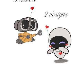 Valentine's Day Love Embroidery Design, Wall E and Eve Embroidery Machine File, Heart Digital Embroidery Patterns