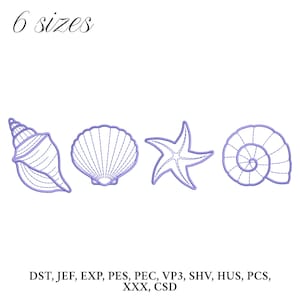 Puede incluir: Sobre un fondo blanco, cuatro diseños azules delineados de conchas marinas y una estrella de mar. El texto "6 tamaños" está en la parte superior. Debajo, abreviaturas de formatos de archivo: DST, JEF, EXP, PES, PEC, VP3, SHV, HUS, PCS, XXX, CSD.