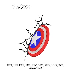 May include: An embroidered Captain America shield design, featuring a red, white, and blue color scheme. The shield is partially emerging from a cracked, black background. Text above reads "5 sizes". Below the shield are embroidery file format abbreviations.