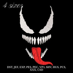 May include: Black background with a white and red embroidered design of a monster's face. The design includes sharp white teeth, a red tongue, and white accents above the eyes. Text at the top reads "4 sizes".