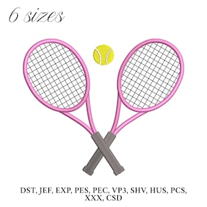 May include: Pink tennis rackets with black netting are crossed, with a yellow tennis ball in the center. The text "6 sizes" is at the top. Below the rackets are the letters: DST, JEF, EXP, PES, PEC, VP3, SHV, HUS, PCS, XXX, CSD.