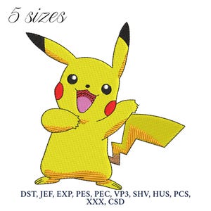 May include: Embroidered Pikachu design in yellow, with black-tipped ears and red cheek circles. The image includes the text "5 sizes" and a list of file formats: DST, JEF, EXP, PES, PEC, VP3, SHV, HUS, PCS, XXX, CSD.