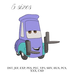 Puede incluir: Diseño bordado de una carretilla elevadora de dibujos animados en tonos morados y turquesas. La imagen incluye el texto "5 tamaños" y una lista de formatos de archivo.