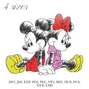 Peut inclure: Broderie en ligne noire et blanche de Mickey Mouse et Minnie Mouse assis côte à côte. Le motif comprend le texte "4 tailles" et une liste de formats de fichiers de broderie.