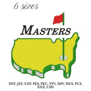 Pode incluir: Um design bordado com a palavra "MASTERS" acima de um contorno amarelo dos Estados Unidos com uma bandeira de golfe e um buraco. O design inclui o texto "6 tamanhos" e vários formatos de arquivo.