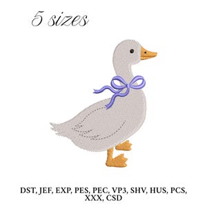 May include: An embroidered design of a goose with a light gray body, a lavender bow, and orange beak and feet. The text "5 sizes" is above the goose. Below the goose are embroidery file formats.
