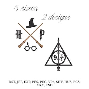 May include: White background with embroidery designs. The image features two designs, including a wizard hat, crossed wands, glasses, and a lightning bolt. Text includes "5 sizes" and "2 designs".