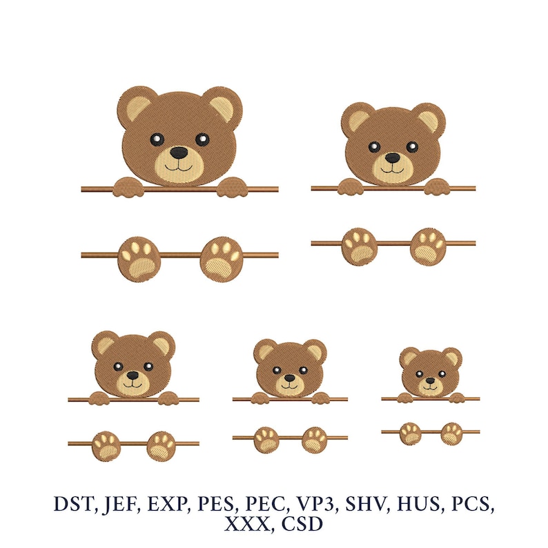 May include: A collection of brown teddy bear embroidery designs. Each bear holds a horizontal line, with paw prints below. The text at the bottom reads: DST, JEF, EXP, PES, PEC, VP3, SHV, HUS, PCS, XXX, CSD.