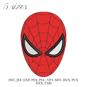 May include: A red embroidered mask with a black web design and white eye shapes. The text "5 sizes" is above the mask. Below the mask are file format abbreviations.