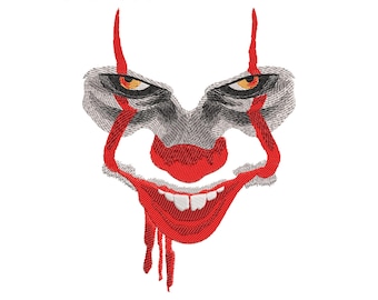 May include: An embroidered design of a clown's face with red accents and a sinister smile. The text "5 sizes" is at the top. Below, the image lists embroidery file formats: DST, JEF, EXP, PES, PEC, VP3, SHV, HUS, PCS, XXX, CSD.