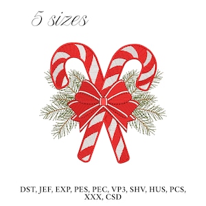 May include: Embroidered Christmas design featuring two red and white candy canes, a red bow, and green pine needles. The text "5 sizes" is above the design. Below the design are the file types: DST, JEF, EXP, PES, PEC, VP3, SHV, HUS, PCS, XXX, CSD.