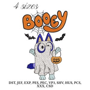 Può includere: Un disegno ricamato di Halloween con un cane dei cartoni animati vestito da fantasma, che tiene in mano un sacchetto di dolcetti a forma di zucca. La parola "BOOEY" è sopra il cane, con una ragnatela e dei pipistrelli. Il testo "4 taglie" è in alto.