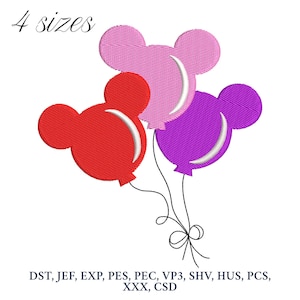 May include: An image of four balloons in the shape of a mouse's head. The balloons are red, pink, and purple, with white accents. The text "4 sizes" is at the top. Below the balloons are file format abbreviations.