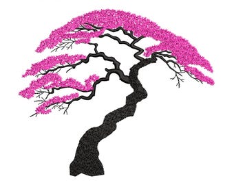 Projekt haftu kwiatu wiśni, projekt haftu maszynowego sakura, cyfrowe wzory haftu drzewek bonsai