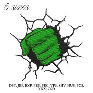May include: An embroidered design featuring a green fist bursting through a cracked wall. The design includes the text "5 sizes" and various file format abbreviations. The color palette is green, black, and white.