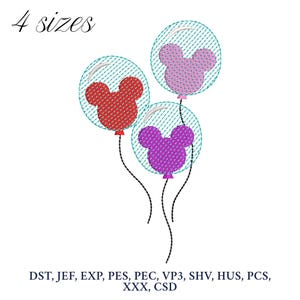 Puede incluir: Un dise&ntilde;o bordado con tres globos, cada uno con forma de cabeza de Mickey Mouse. Los globos son rojos, rosas y morados, con cuerdas negras. El texto "4 tama&ntilde;os" est&aacute; en la parte superior. Formatos de archivo de bordado debajo.