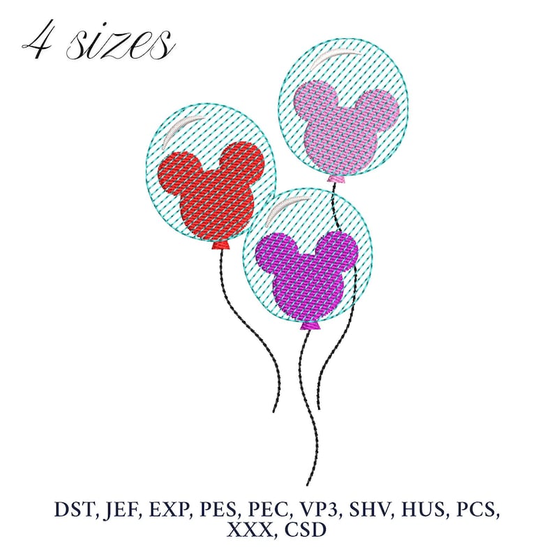 Puede incluir: Un dise&ntilde;o bordado con tres globos, cada uno con forma de cabeza de Mickey Mouse. Los globos son rojos, rosas y morados, con cuerdas negras. El texto "4 tama&ntilde;os" est&aacute; en la parte superior. Formatos de archivo de bordado debajo.