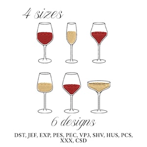 Pode incluir: Desenhos bordados de seis taças de vinho diferentes, cada uma preenchida com líquido vermelho ou dourado. Os textos "4 tamanhos" e "6 designs" estão acima e abaixo das taças. A imagem está em fundo branco.