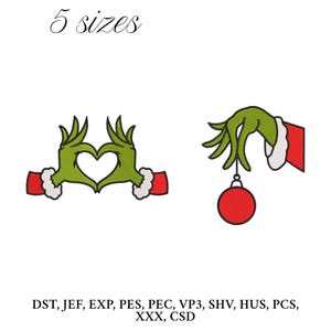 Op de afbeelding: Twee groene cartoonhanden, één vormt een hart en de andere houdt een rode kerstbal vast. De handen hebben rode manchetten met witte rand. De tekst "5 sizes" staat boven de afbeeldingen. Daaronder staan borduurformaten.