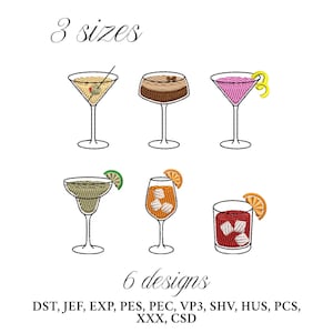 May include: An image featuring six embroidered cocktail designs in various colors, including a martini with an olive, a brown cocktail, and a pink cocktail with a lemon twist. The text "3 sizes" and "6 designs" are also present.