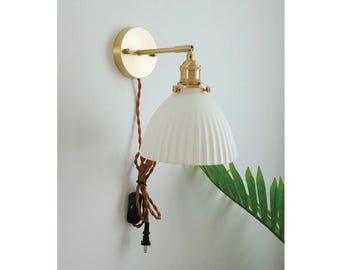 Ceramic Wall Lamp, Plugin Wall Sconce, Antique Style Brass Ceramic wall lamp, Wall Light Fixture Bedside Wall Sconce