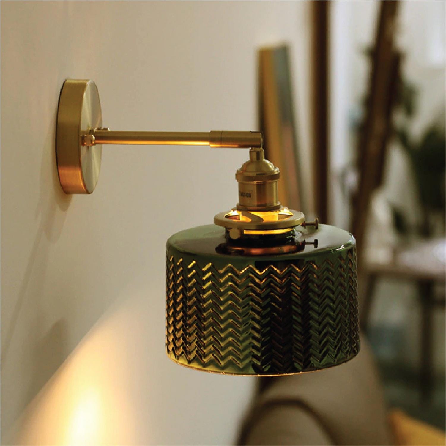 Green Glass Wall Lamp, Plugin Wall Sconce, Antique Style Brass Glass ...