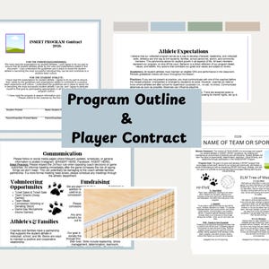 May include: A collection of documents titled "Program Outline & Player Contract" with text and graphics. The documents include sections on athlete expectations, communication, volunteering, and fundraising. A volleyball net is visible in the background.